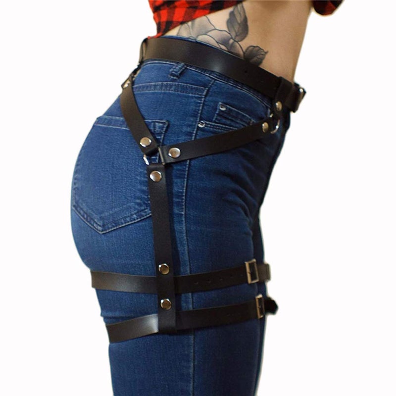 Newfancy Women's PU Leather Leg Garter Caged Body Harness Belt Adjustable Punk Waist Belt Festival Rave Costume, Black a, One Size - Image 4